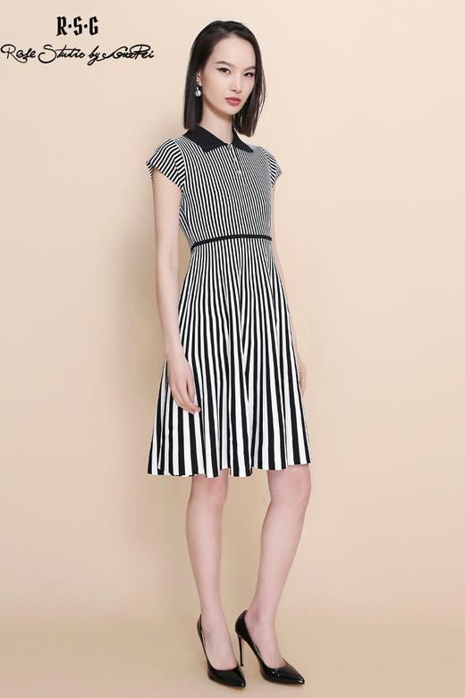 RSG郭培成衣品牌2023春夏新衬衫领条纹收腰短袖针织连衣A字裙 商品图5
