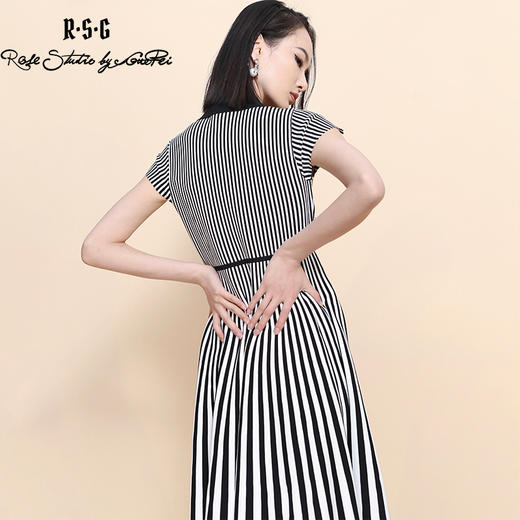 RSG郭培成衣品牌2023春夏新衬衫领条纹收腰短袖针织连衣A字裙 商品图1