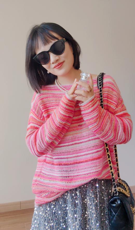 2025春新款钩花百搭条纹镂空宽松圆领长袖薄款针织衫 商品图0