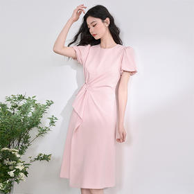 设计感经典荷叶边泡泡袖连衣裙女夏季分割抽绳收腰长裙V0950598