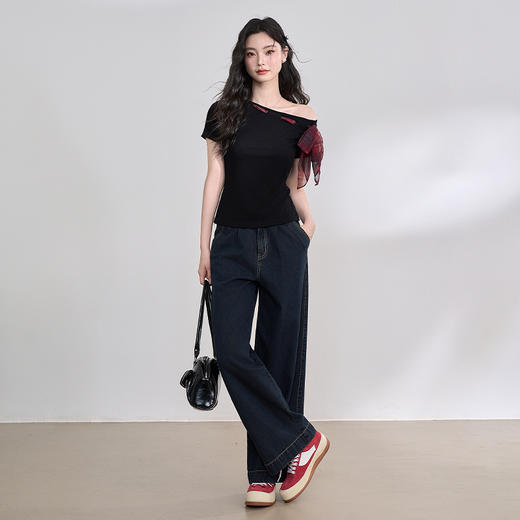 美式复古性感辣妹斜肩设计感格纹绑带T恤女收腰上衣V0050632 商品图1