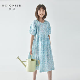 棵初2025年夏季新款童装清新蓝调印花连衣裙亲子装量感碎褶蓬蓬裙
