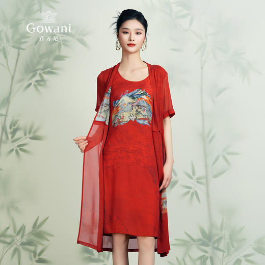 乔万尼夏假两件中国风印花宽松喜宴红真丝桑蚕丝连衣裙女EN2E615 商品图1