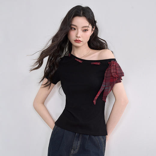 美式复古性感辣妹斜肩设计感格纹绑带T恤女收腰上衣V0050632 商品图3