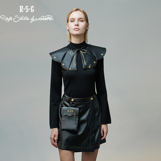 RSG郭培成衣品牌原创设计春夏季金线刺绣黑色口袋A字皮裙短裙 商品图2