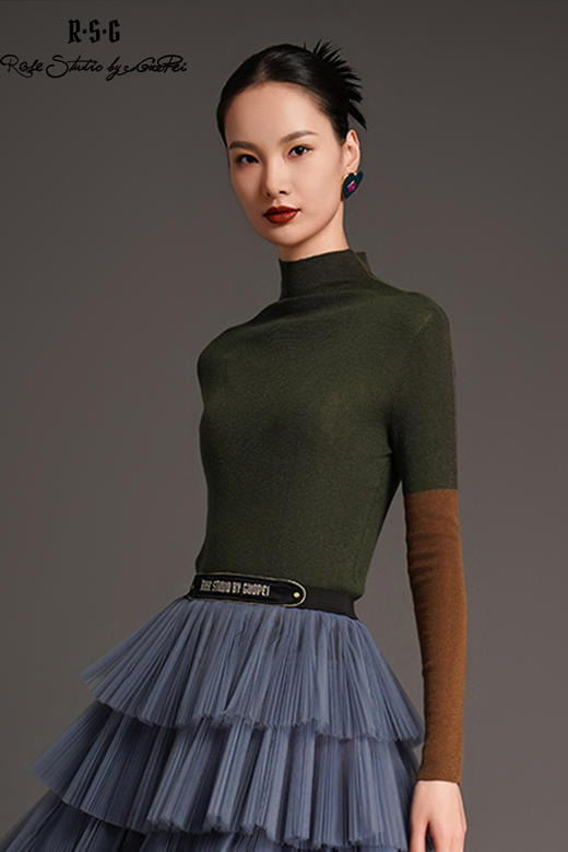 RSG2023郭培线上成衣品牌早秋修身显瘦袖子拼色精纺打底针织毛衣 商品图5