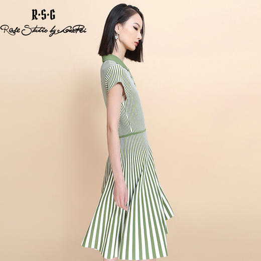 RSG郭培成衣品牌2023春夏新衬衫领条纹收腰短袖针织连衣A字裙 商品图3