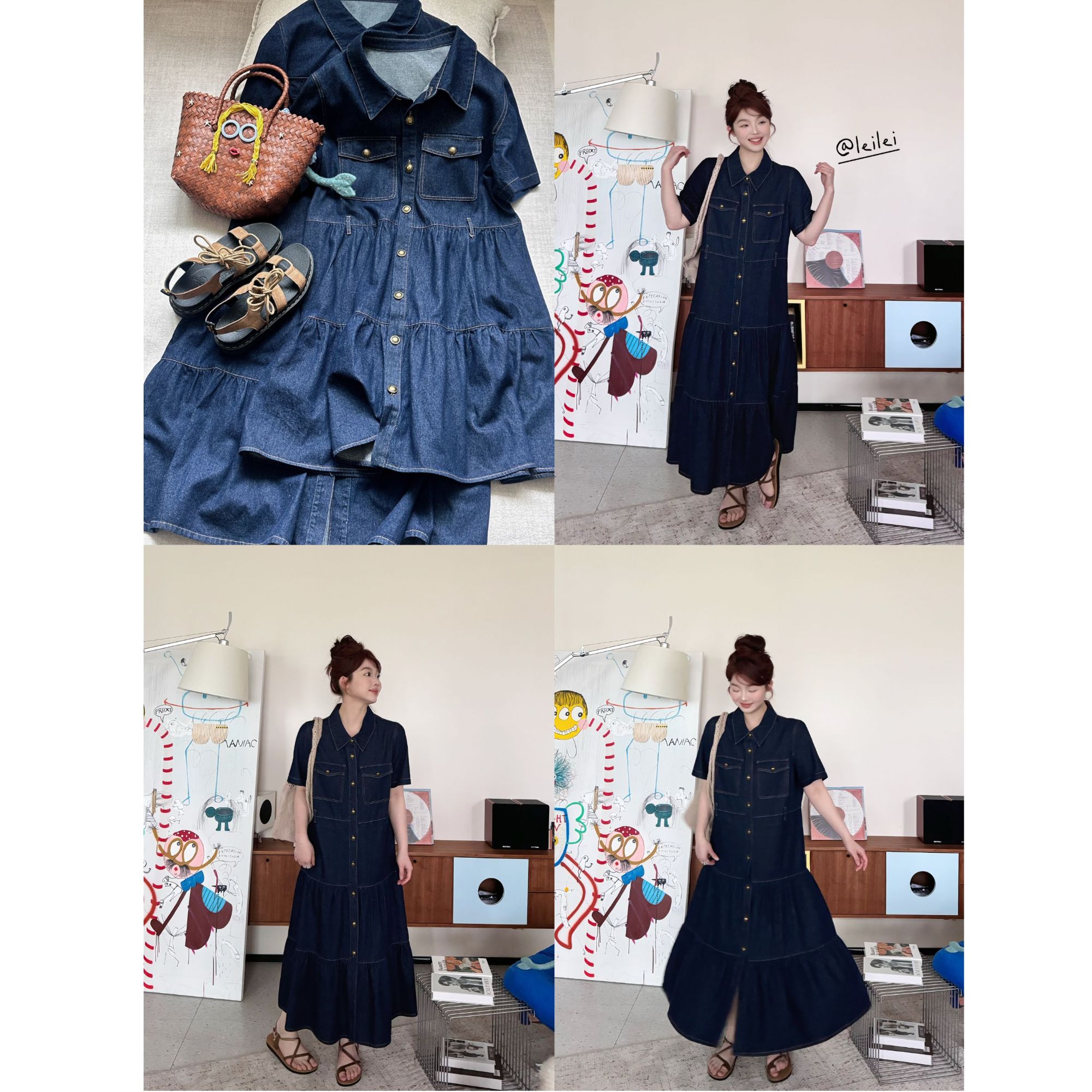 2025新品 蕾蕾同款【蓝调唱片】复古百搭下摆A字翻领短袖蛋糕牛仔连衣裙