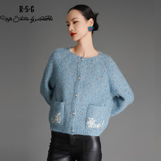 RSG郭培成衣品牌显白蓝色系国风芙蓉花刺绣花纱秋冬开襟毛衣 商品图3