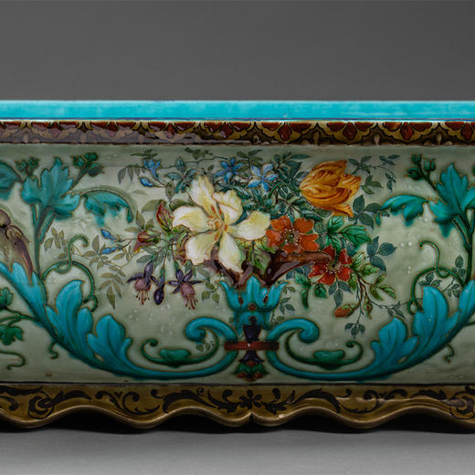 独角鹿西洋古董 1875年代法国陶艺家Théodore Deck签名出品东方风格象首双柄装饰硕果花卉主题彩釉花盆套 商品图3