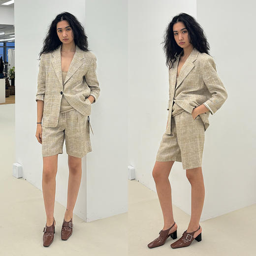 HIDEMI 甄选天然百分水洗做旧感色织亚麻极简宽松口袋男朋友西装中短裤套装 商品图3