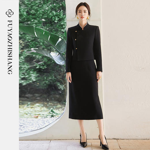 FUYAO扶摇 新中式西装两件套女2025春季新款国风经典黑半身裙套装 商品图0