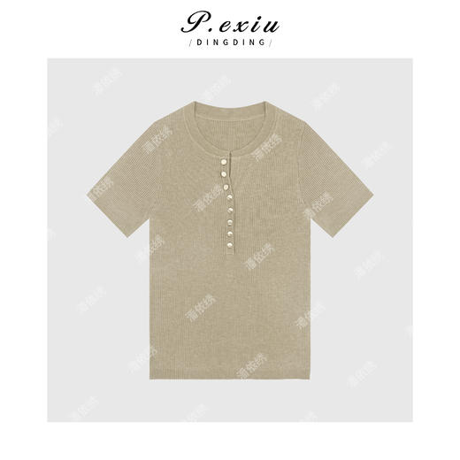 03-4潘依绣丁丁宠粉【杏叶书签】亨利领修身显瘦短袖针织上衣ZZ0798 商品图0