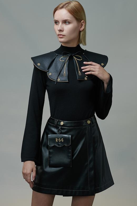 RSG郭培成衣品牌原创设计春夏季金线刺绣黑色口袋A字皮裙短裙 商品图5