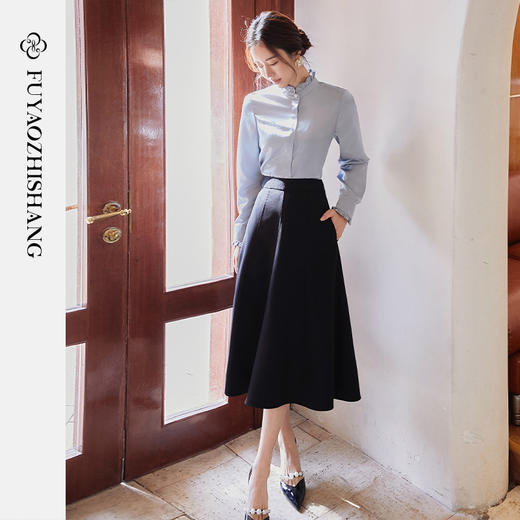 FUYAO扶摇 雾霾蓝长袖衬衫女2025春季新款荷叶领女士衬衣通勤上衣 商品图4