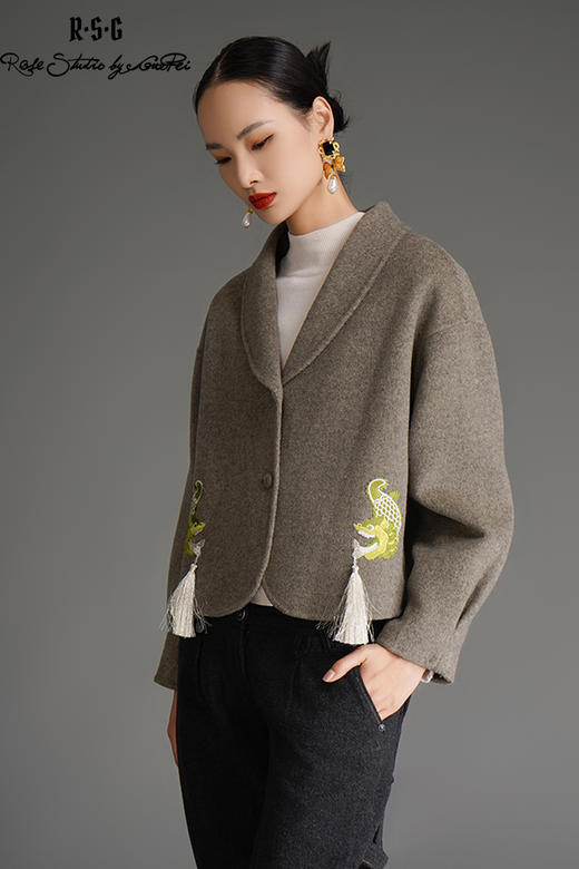 RSG郭培成衣品牌国风鸱吻刺绣设计美拉德秋冬羊绒气质夹克短外套 商品图5