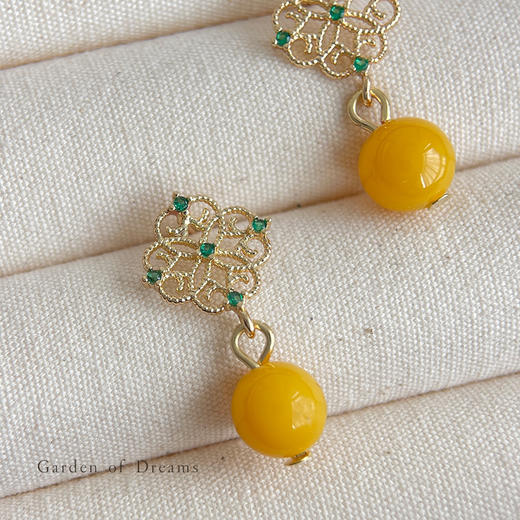 【敦煌菱形纹仿蜜蜡耳坠】国风原创手作宫廷风 镂空微镶锆石耳环古风耳钉新中式高级感耳饰 商品图9