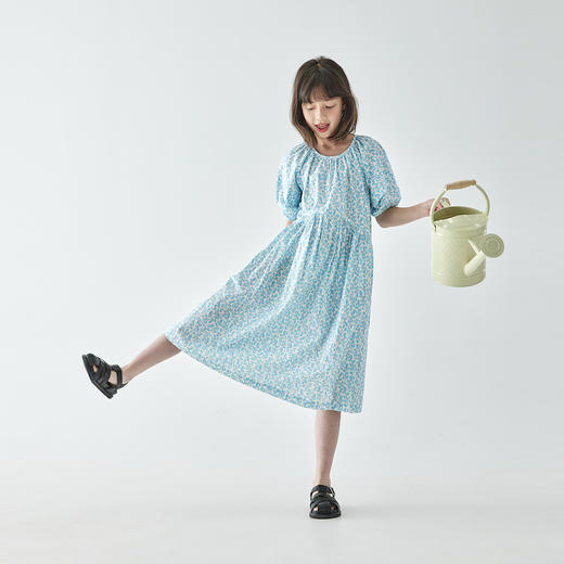 棵初2025年夏季新款童装清新蓝调印花连衣裙亲子装量感碎褶蓬蓬裙 商品图1