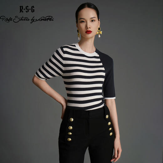 RSG2023郭培线上品牌早秋弹力拼接撞色条纹针织衫 商品图4