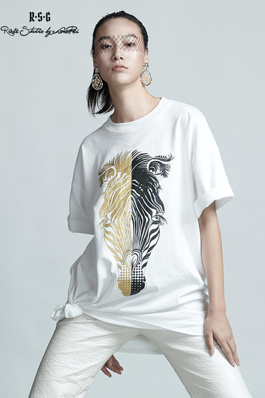 RSG郭培成衣品牌春夏黑金斑马印花情侣休闲纯棉短袖T恤 商品图5