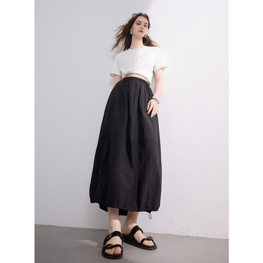 三彩2025夏季新款花苞半身裙高腰松紧A字裙长裙小黑裙休闲M 商品图3