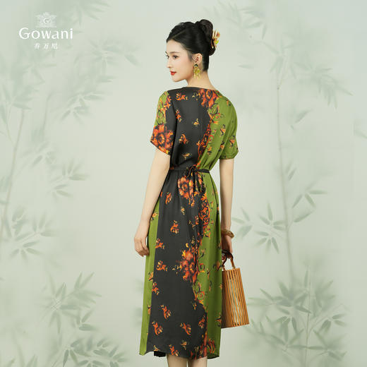 乔万尼真丝连衣裙女收腰高雅印花拼色中长款EI2E718 商品图4