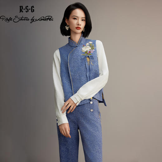 郭培成衣品牌【“药”爱自己】牛仔蓝印花新中式马甲套装 商品图1