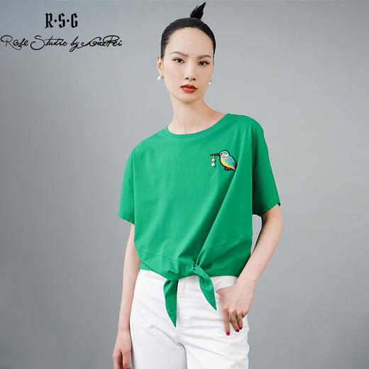 RSG郭培成衣品牌国风翠鸟刺绣下摆打结宽松T恤 商品图0
