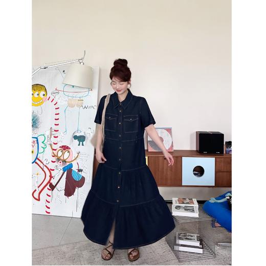 2025新品 蕾蕾同款【蓝调唱片】复古百搭下摆A字翻领短袖蛋糕牛仔连衣裙 商品图2