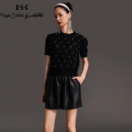 RSG2023郭培成衣品牌早秋百搭泡泡袖镂空菱格纹针织衫 商品图4