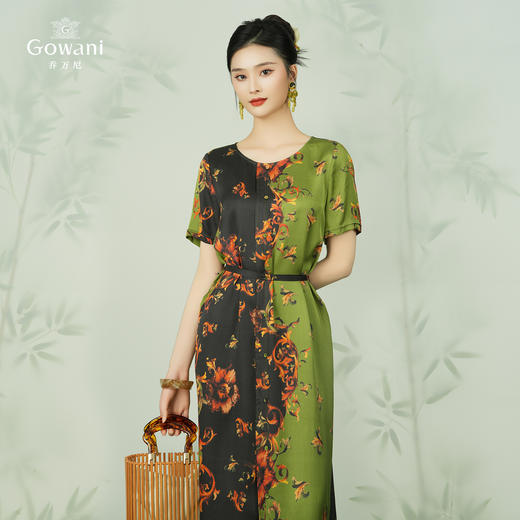 乔万尼真丝连衣裙女收腰高雅印花拼色中长款EI2E718 商品图1