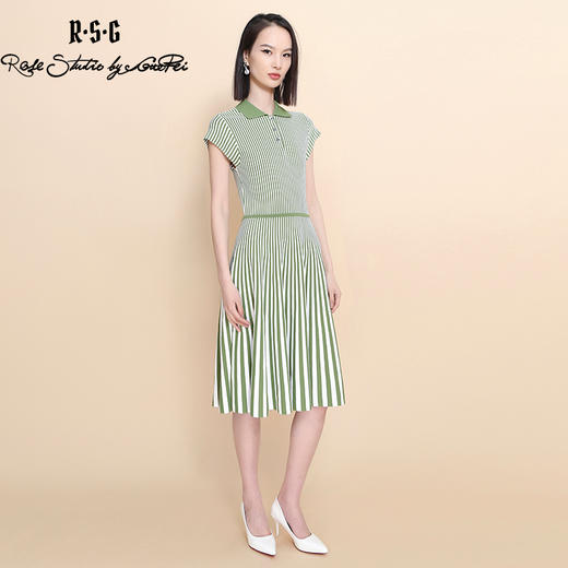 RSG郭培成衣品牌2023春夏新衬衫领条纹收腰短袖针织连衣A字裙 商品图2