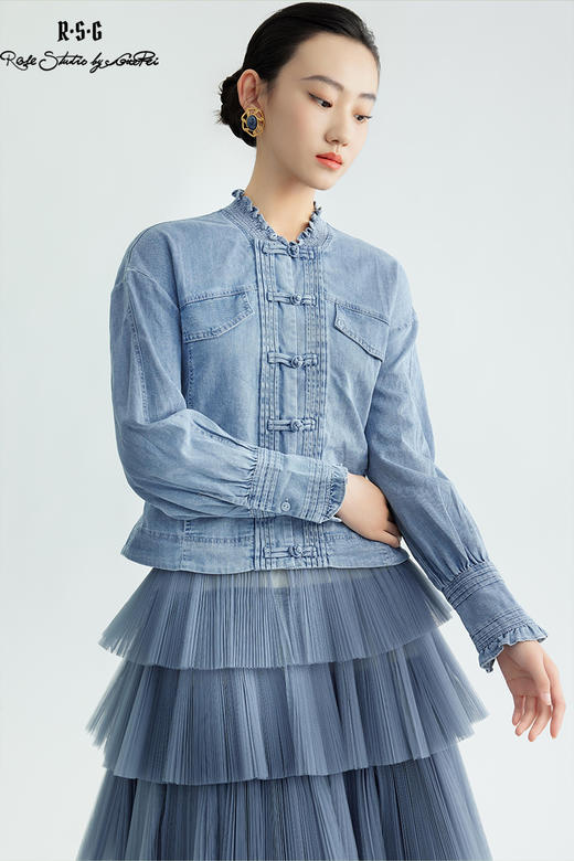 郭培成衣品牌国风牛仔木耳领对襟长袖衬衫 商品图5