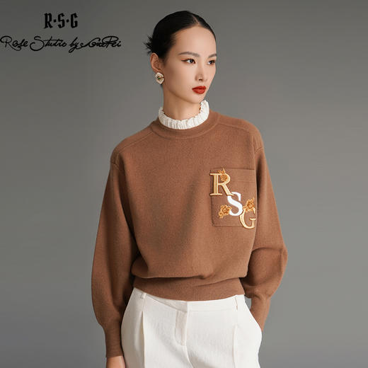 RSG郭培成衣品牌国风刺绣高级灰美拉德波褶领保暖宫廷风羊绒毛衣 商品图4