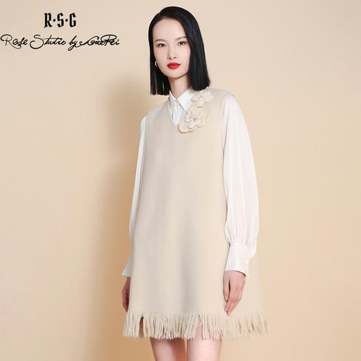 RSG郭培成衣品牌纯羊毛手工珍珠花朵流苏连衣裙A字裙 商品图0