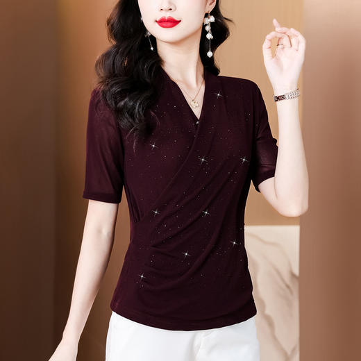 KQL B12N2802烫钻时尚洋气小衫网纱显瘦V领打底衫 商品图2