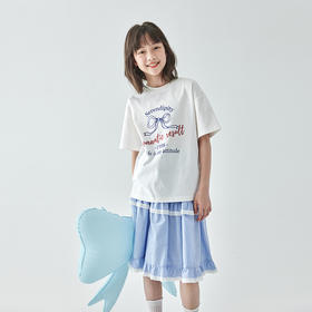 棵初25年夏季新款女童蝴蝶结印花短袖T恤亲子款清新百搭白色上衣