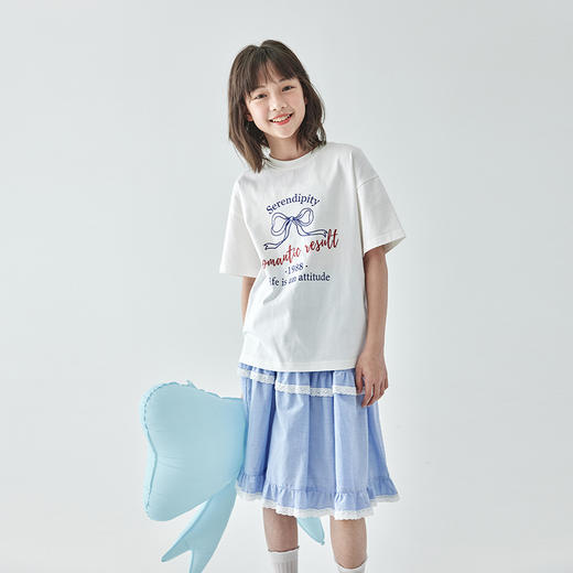 棵初25年夏季新款女童蝴蝶结印花短袖T恤亲子款清新百搭白色上衣 商品图0
