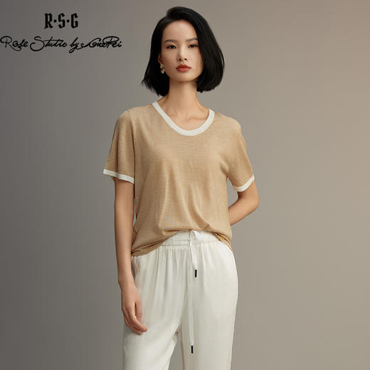 R.S.G精品系列短袖薄款针织衫女装撞色圆领高级感宽松t恤上衣 商品图0