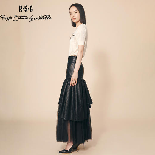 RSG郭培成衣品牌纯色不规则拼接百褶网纱皮裙黑色 商品图2