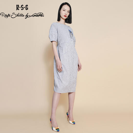 RSG郭培成衣品牌流苏花卉胸针竖条纹显瘦连衣裙修身夏季 商品图2