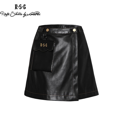 RSG郭培成衣品牌原创设计春夏季金线刺绣黑色口袋A字皮裙短裙 商品图3
