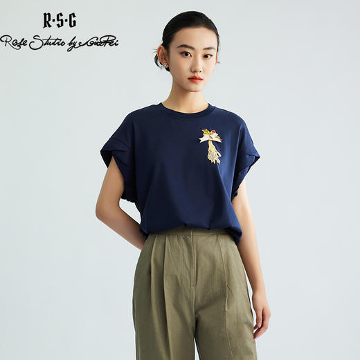 郭培成衣品牌【“药”爱自己】重工刺绣小飞袖圆领T恤上衣 商品图4