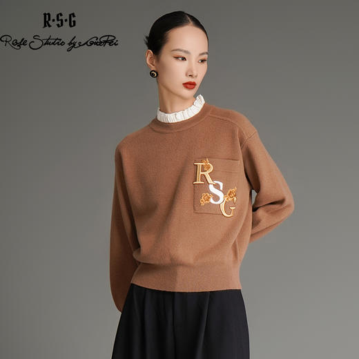 RSG郭培成衣品牌国风刺绣高级灰美拉德波褶领保暖宫廷风羊绒毛衣 商品图3