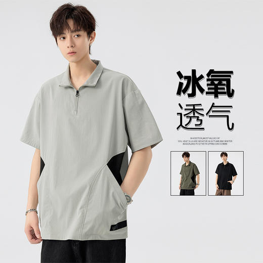 【DSL】大依优型大码立领拉链款短袖POLO衫T恤夏季加肥加大肥佬休闲宽松透气弹力男装上衣潮款 商品图0