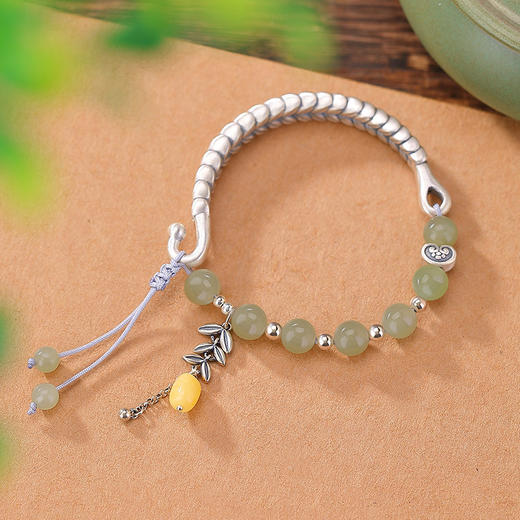 【岁岁纳祥】S925纯银和田玉青玉麦穗圆珠手链【CW-SL11559】 商品图2