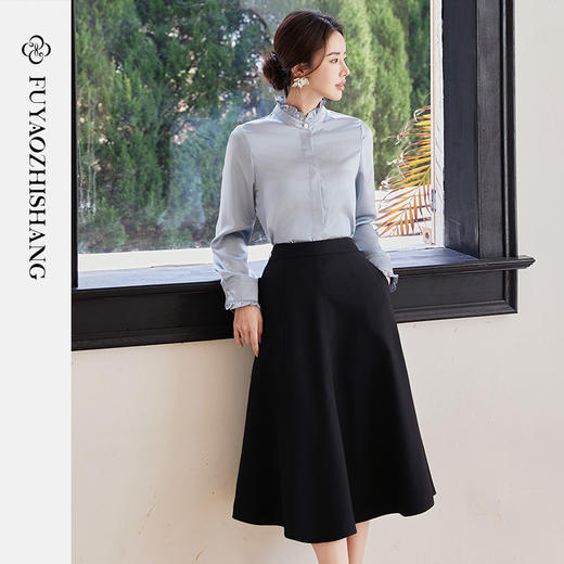 FUYAO扶摇 雾霾蓝长袖衬衫女2025春季新款荷叶领女士衬衣通勤上衣 商品图2