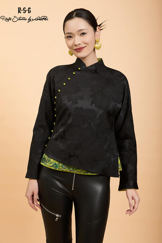 东方境X郭培联名系列：轻高定黑色提花撞色刺绣薄棉上衣 商品图5