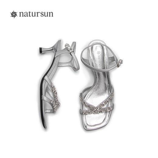 natursun时装凉鞋女宴会优雅闪钻一字带舒适细高跟鞋N25328218 商品图3