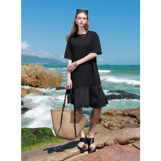 三彩2025夏季新款拼接连衣裙宽松落肩袖直筒裙中裙休闲M 商品图3